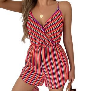 Boho Ginger G Striped Ribbed Wrap Style One Piece Romper With Shorts Size Large